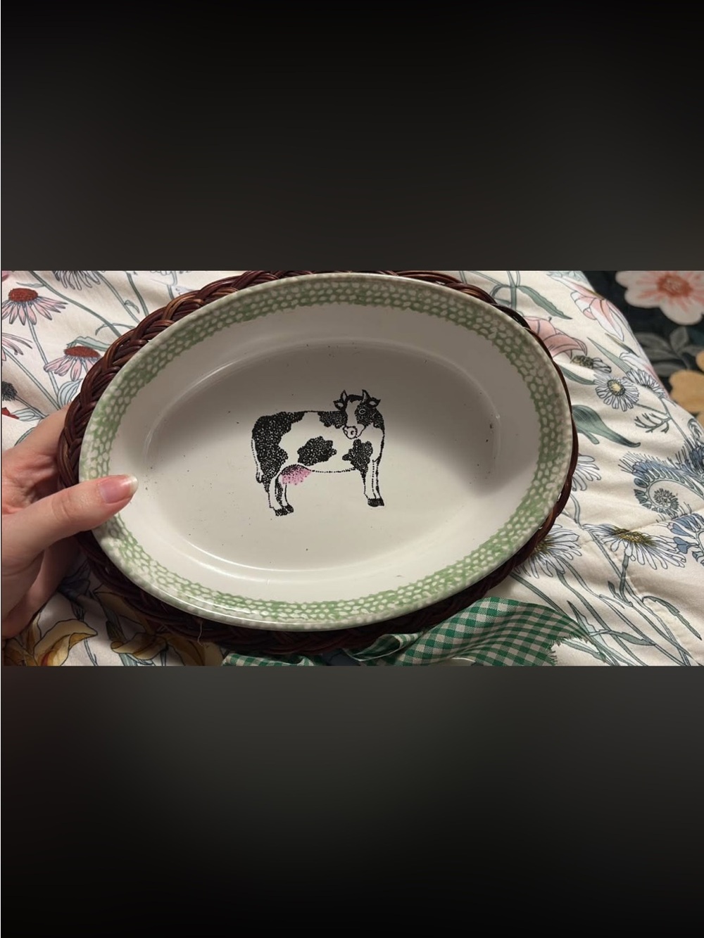 Green-Trim Cow Ceramic Serving Dish - Unbranded